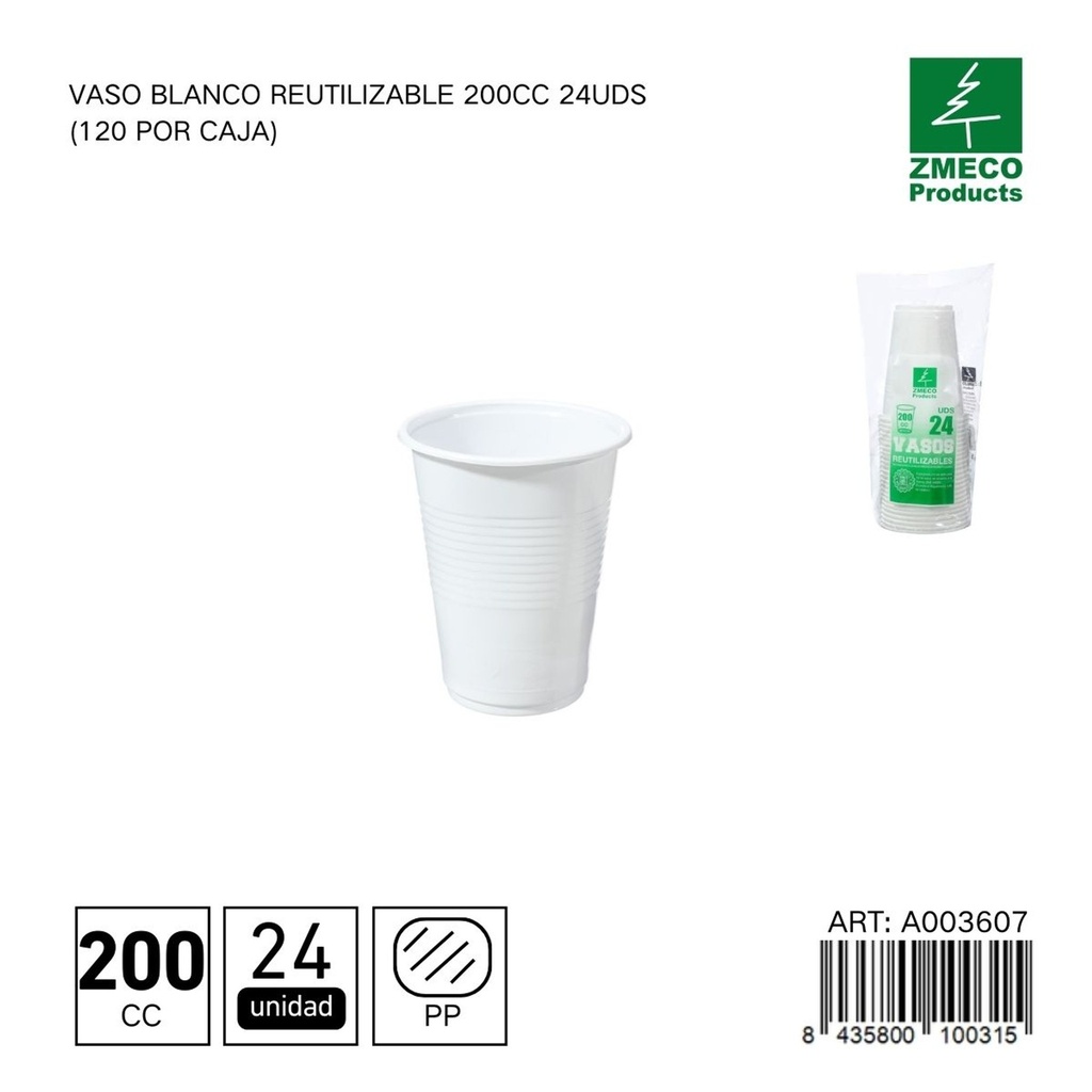 Vaso blanco reutilizable 200 cc - Paquete de 24 unidades