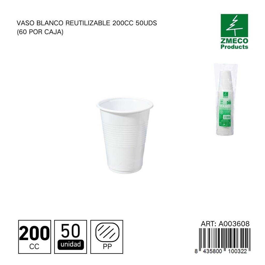 Vaso blanco reutilizable 200 cc - Paquete de 50 unidades