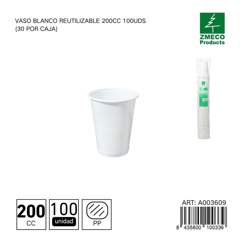 Vaso blanco reutilizable 200 cc - Paquete de 100 unidades