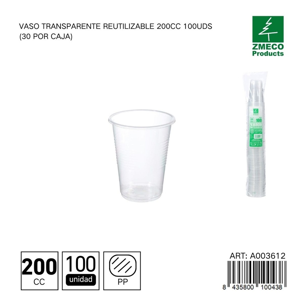 Vaso transparente reutilizable 200 cc - Paquete de 100 unidades