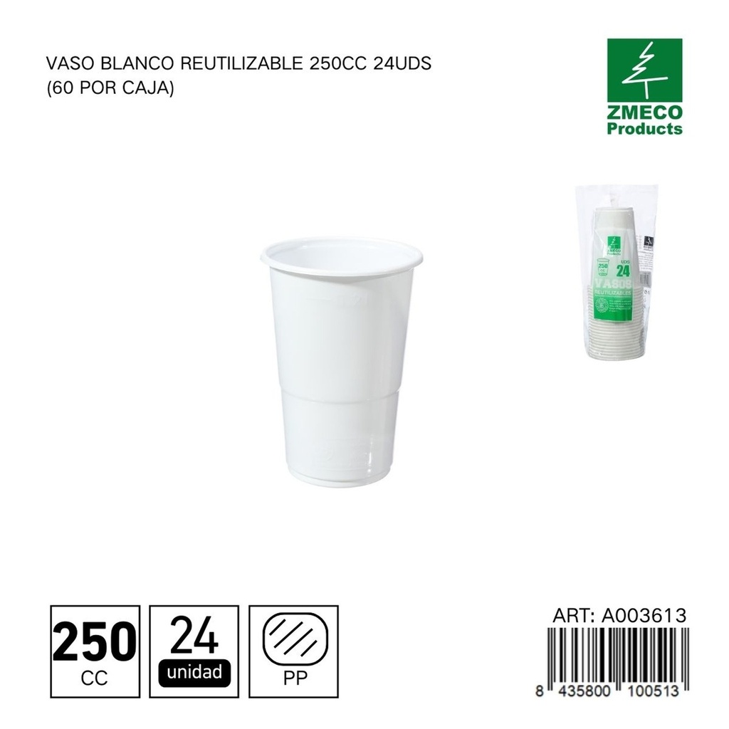 Vaso blanco reutilizable 250 cc - Paquete de 24 unidades (60 por caja)