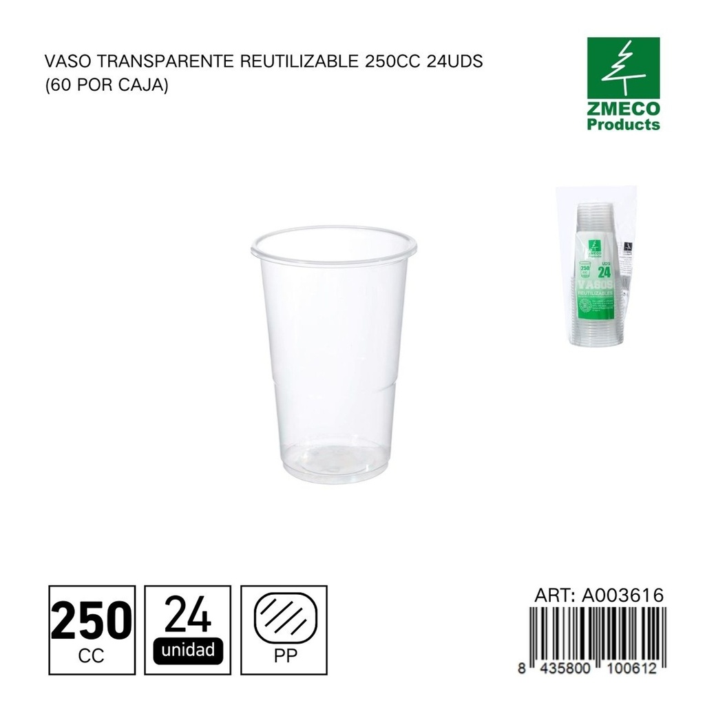 Vaso transparente reutilizable 250 cc - Paquete de 24 unidades