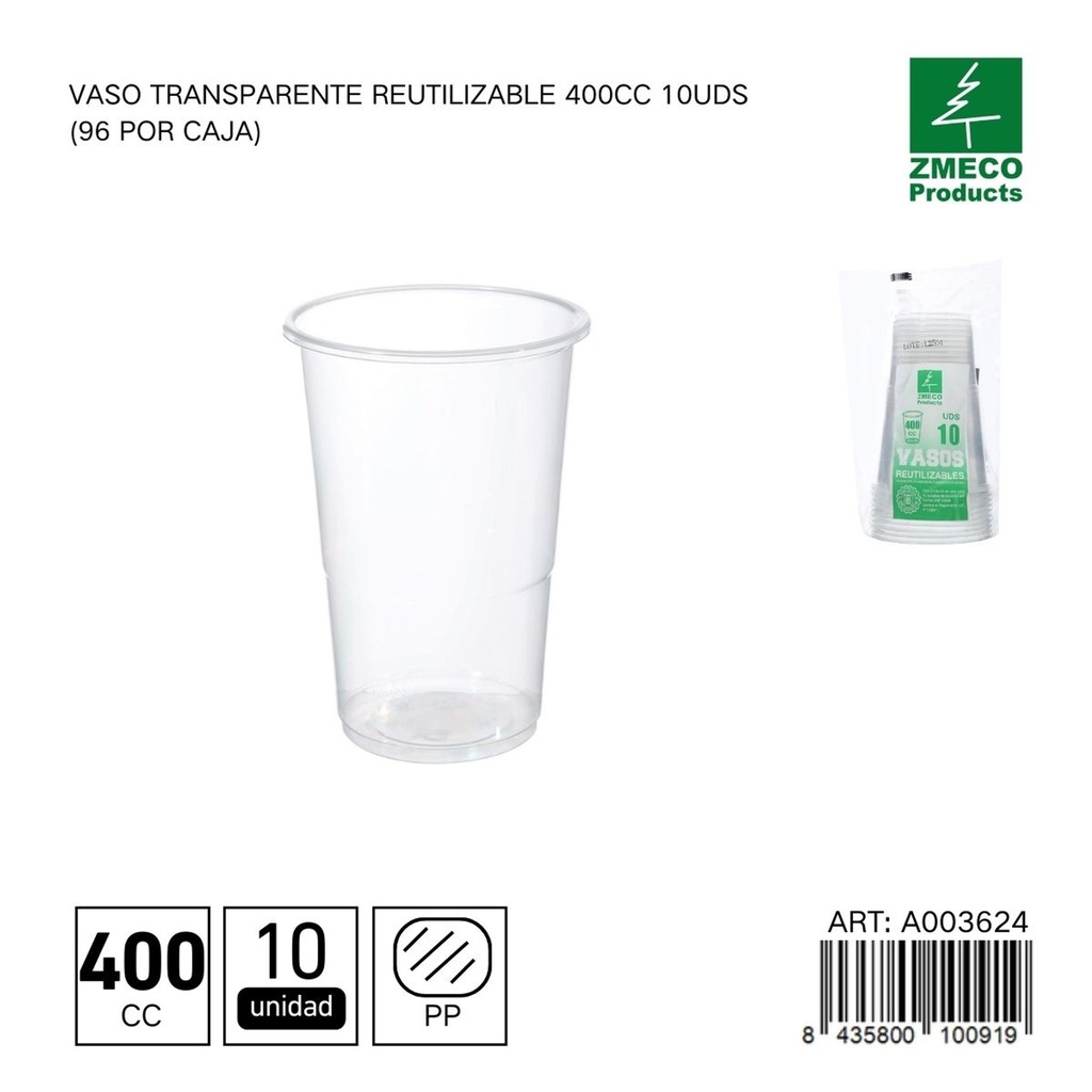 Vaso transparente reutilizable 400 cc - Paquete de 10 unidades
