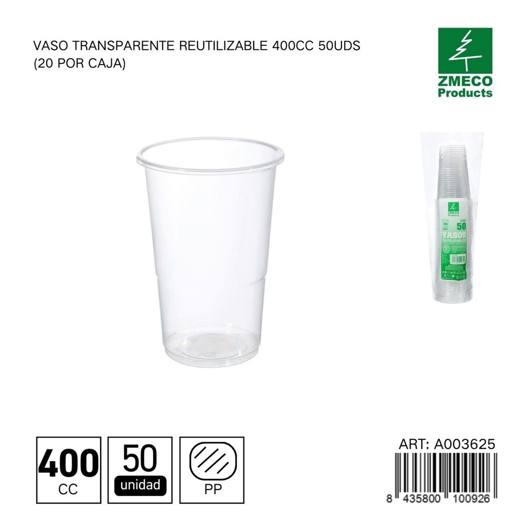 Vaso transparente reutilizable 400 cc - Paquete de 50 unidades