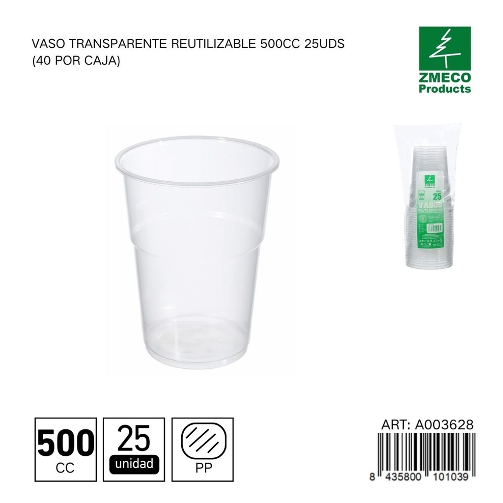 Vaso transparente reutilizable 500 cc - Paquete de 25 unidades