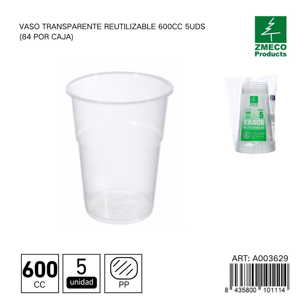 Vaso transparente reutilizable 600 cc - Paquete de 5 unidades