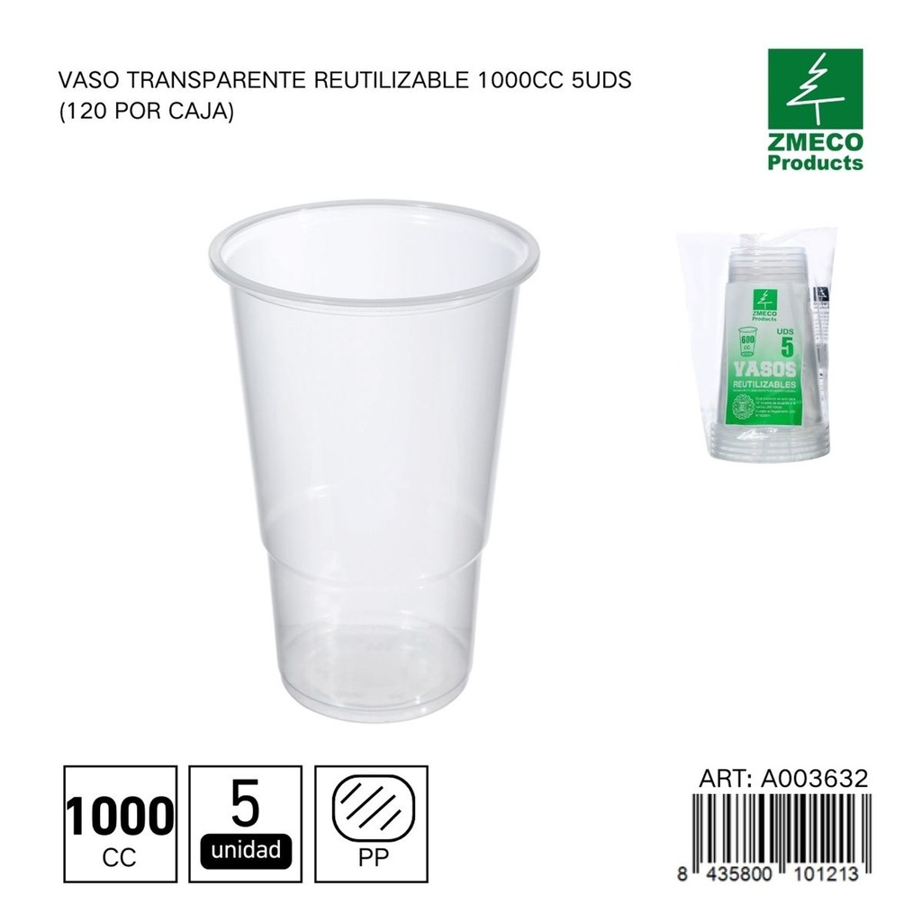 Vaso transparente reutilizable 1000 cc - Paquete de 5 unidades