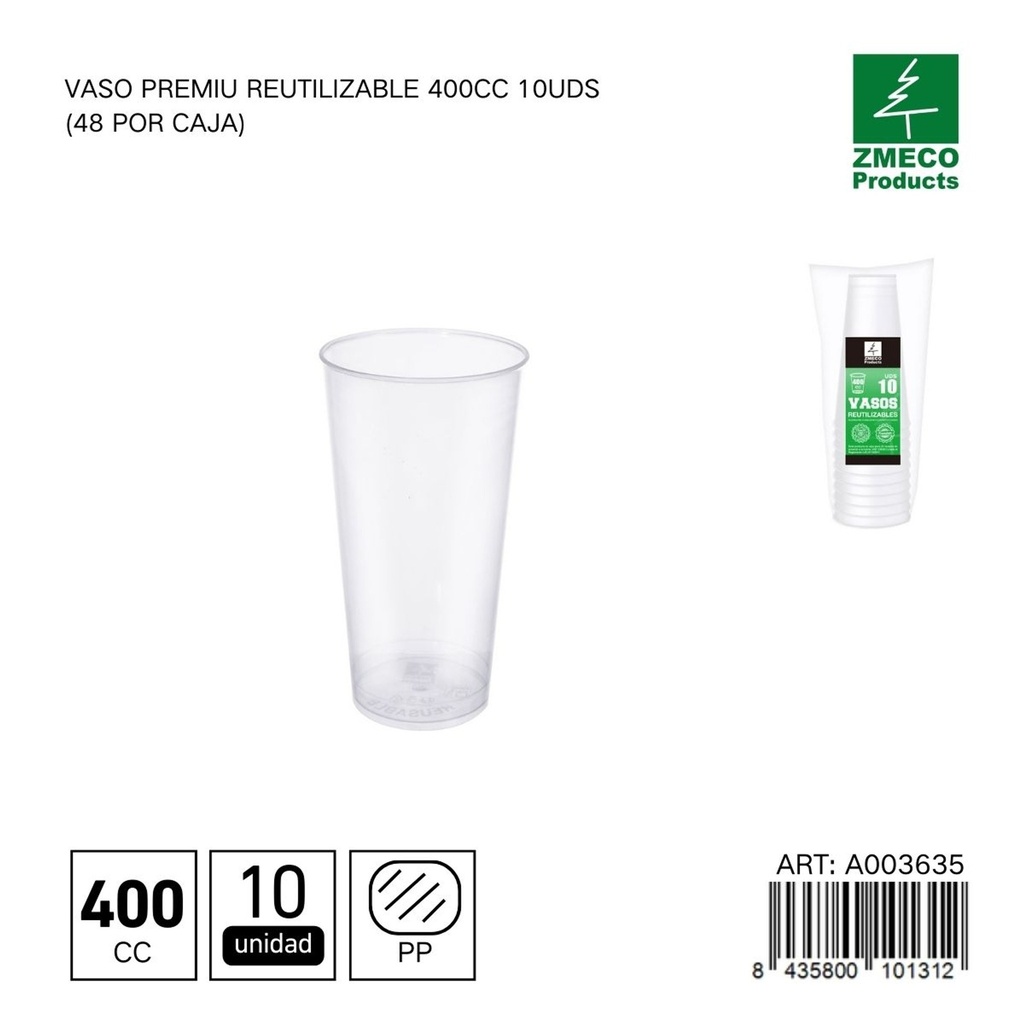 Vaso premium reutilizable 400 cc - Paquete de 10 unidades (48 por caja)