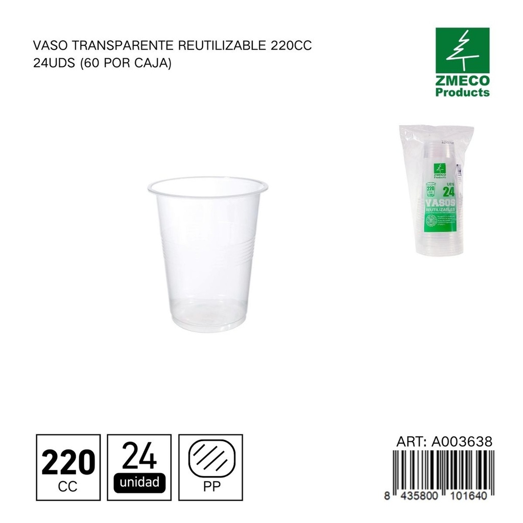 Vaso transparente reutilizable 220 cc - Paquete de 24 unidades