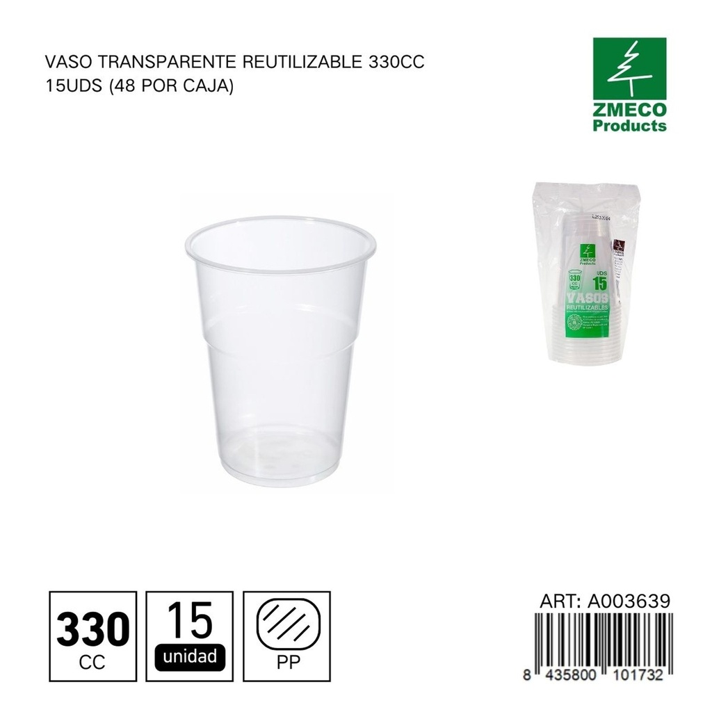 Vaso transparente reutilizable 330 cc - Paquete de 15 unidades