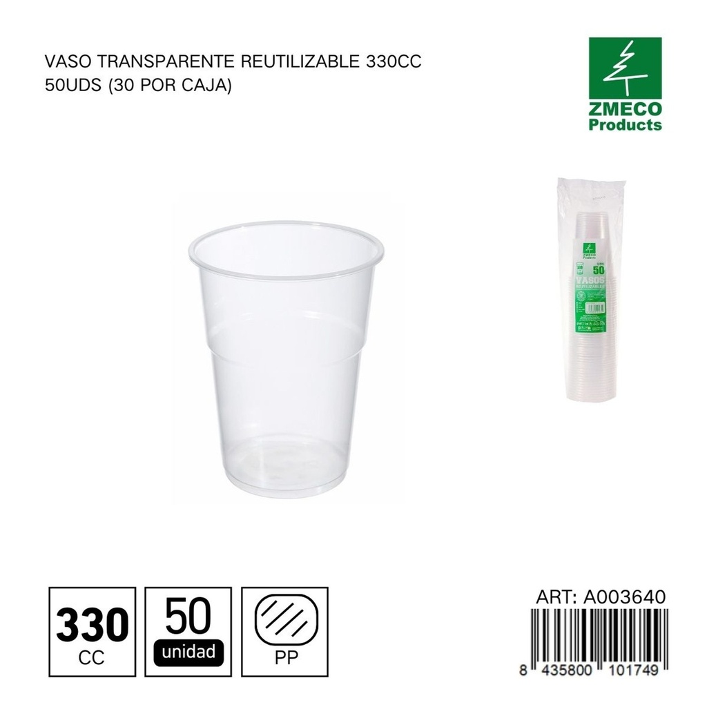 Vaso transparente reutilizable 330 cc - Paquete de 50 unidades