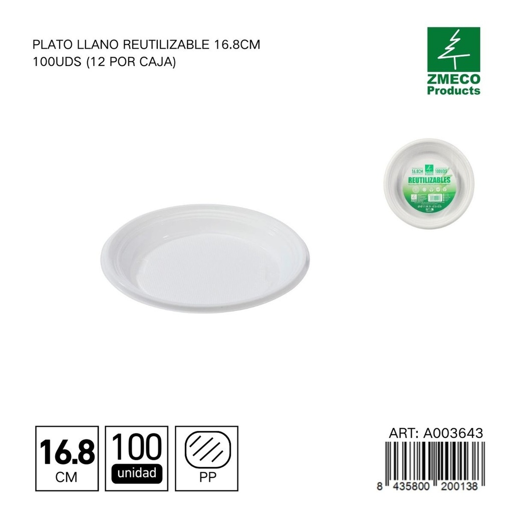Plato llano reutilizable 16.8 cm - Paquete de 100 unidades