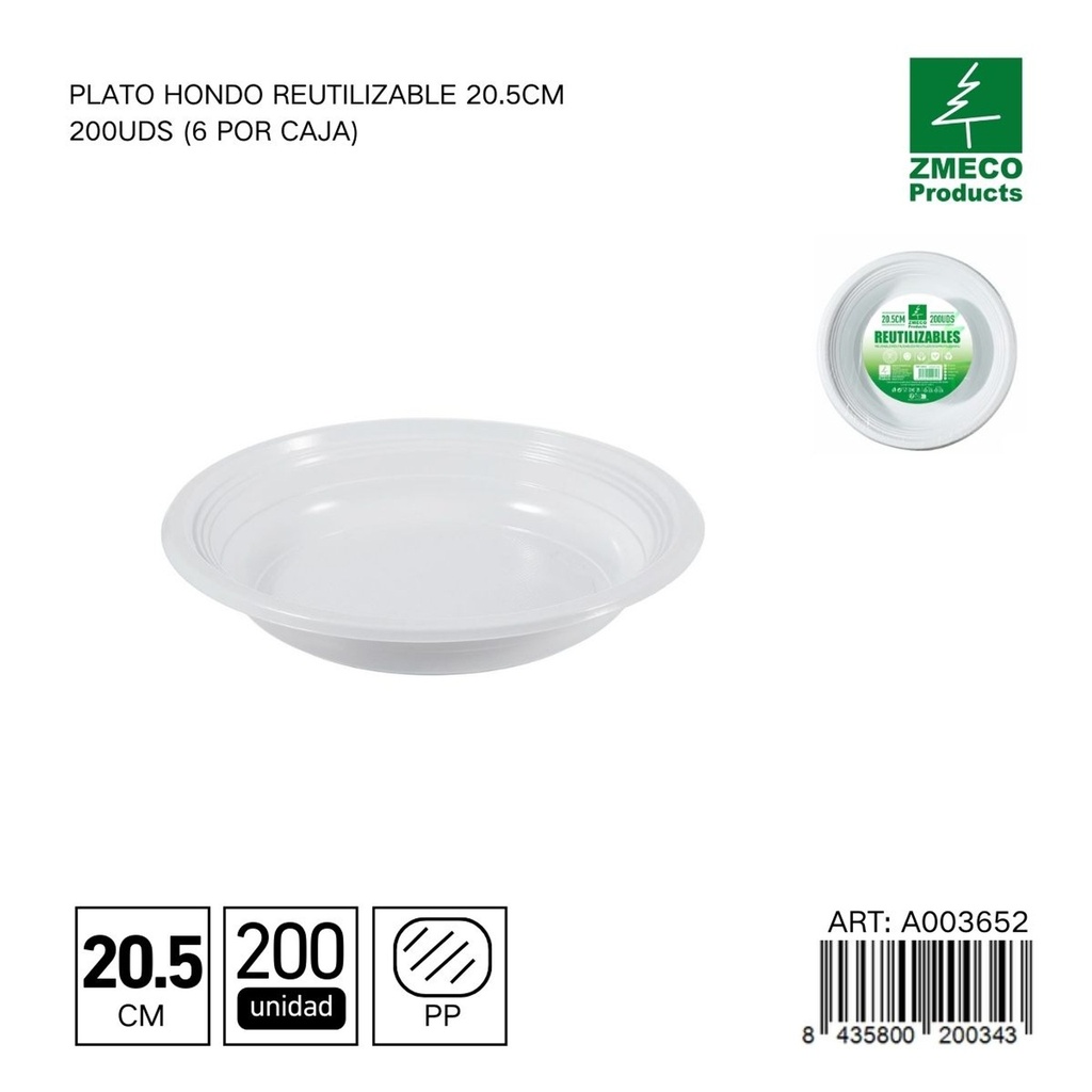 Plato hondo reutilizable 20.5 cm - Paquete de 200 unidades