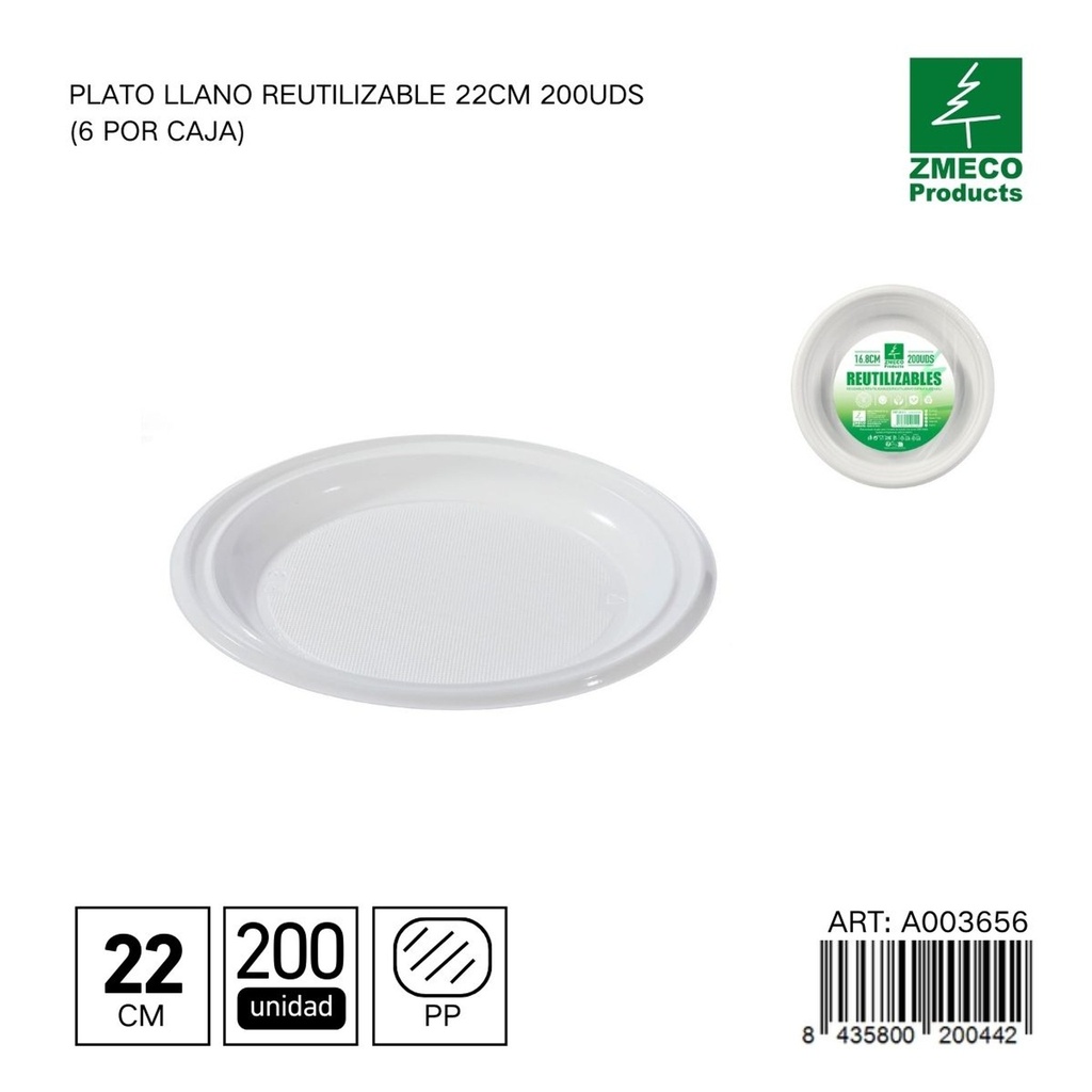 Plato llano reutilizable 22 cm - Paquete de 200 unidades