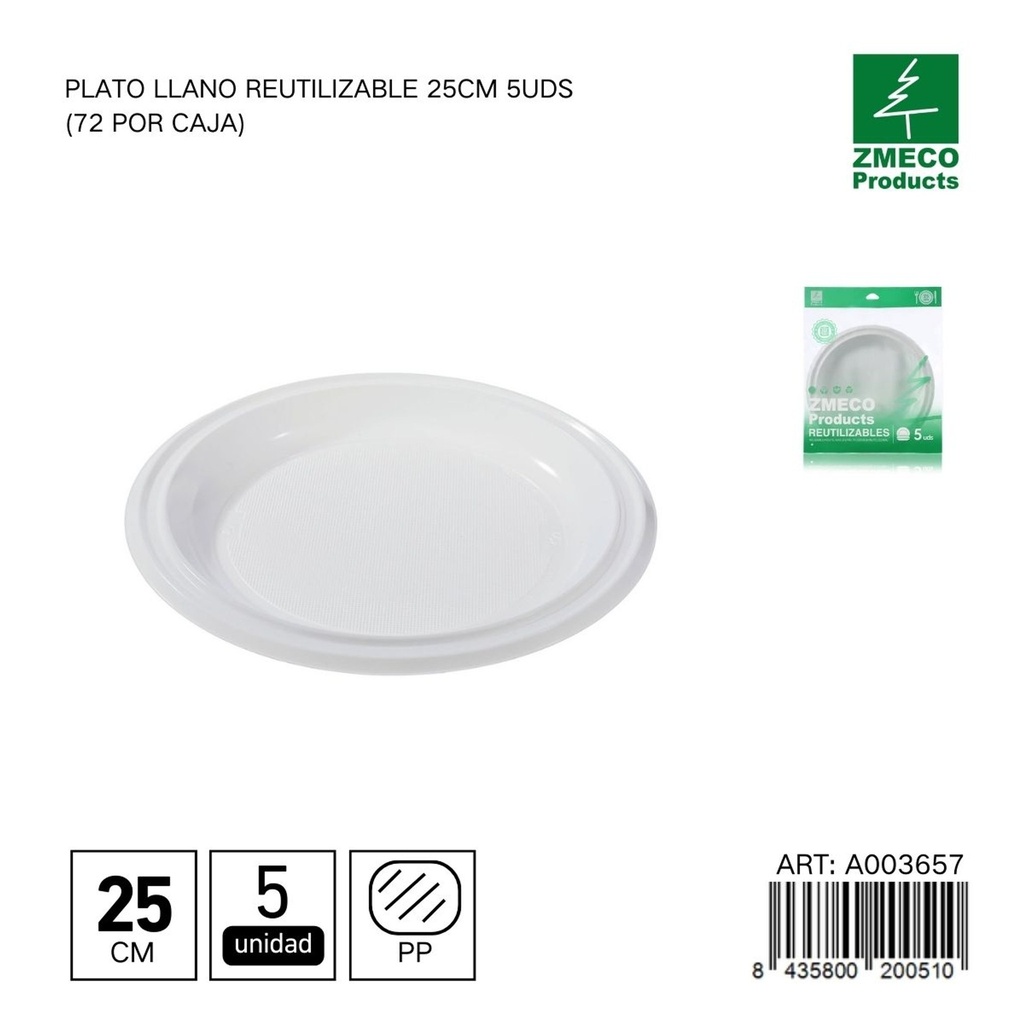 Plato llano reutilizable 25 cm - Paquete de 5 unidades