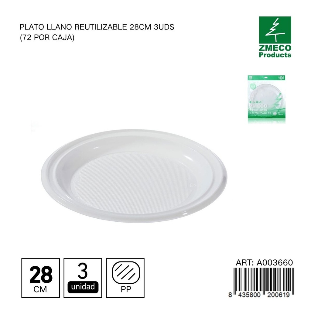 Plato llano reutilizable 28 cm - Paquete de 3 unidades