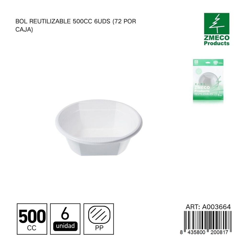 Bol reutilizable 500 cc - Paquete de 6 unidades