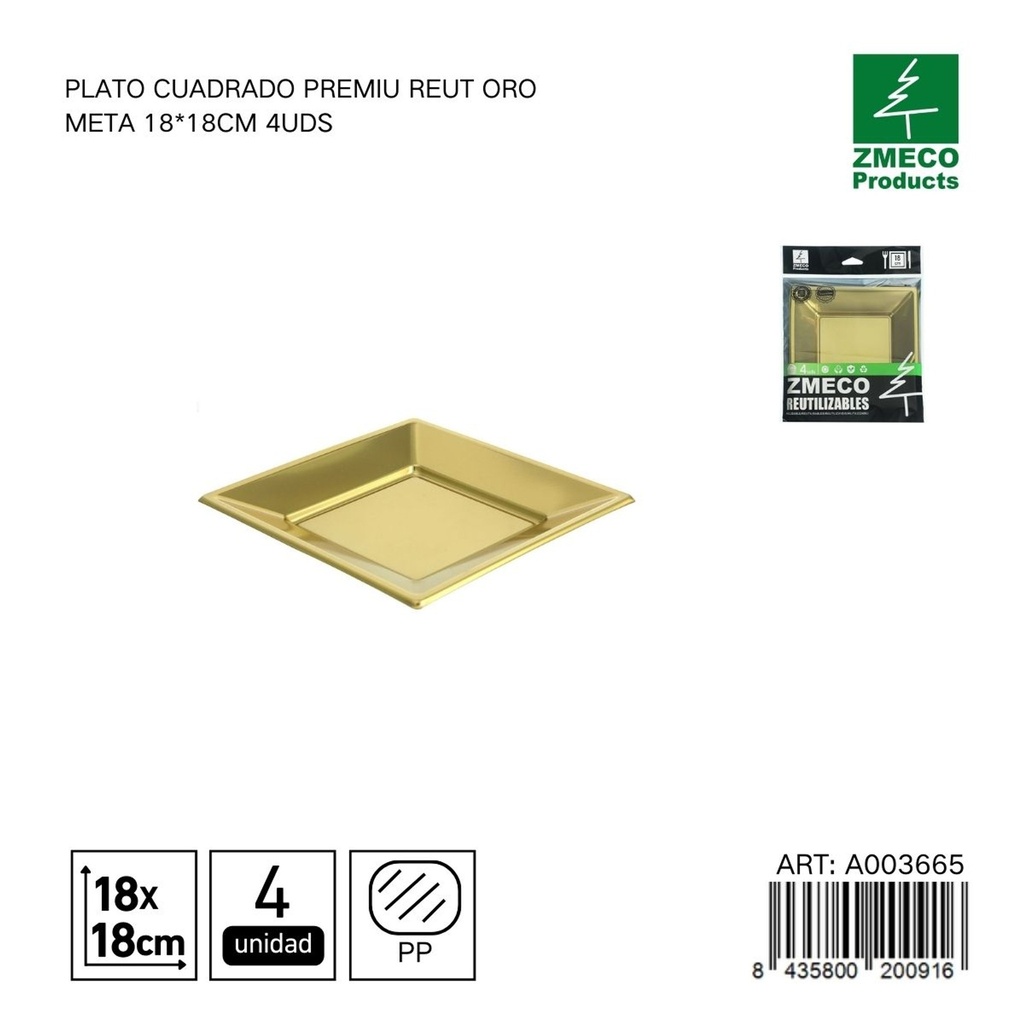 Plato cuadrado premium reutilizable oro metal 18x18 cm - Paquete de 4 unidades