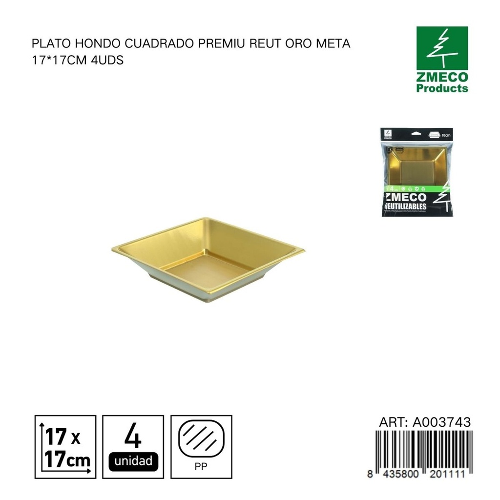 Plato hondo cuadrado premium reutilizable oro metal 17x17 cm - Paquete de 4 unidades
