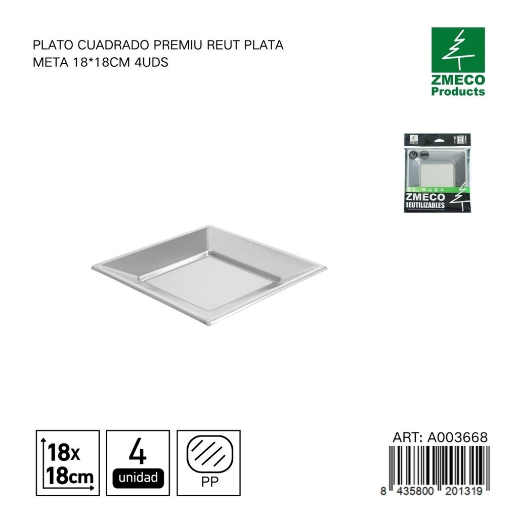 Plato cuadrado premium reutilizable plata metal 18x18 cm - Paquete de 4 unidades
