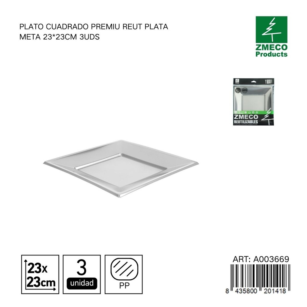 Plato cuadrado premium reutilizable plata metal 23x23 cm - Paquete de 3 unidades