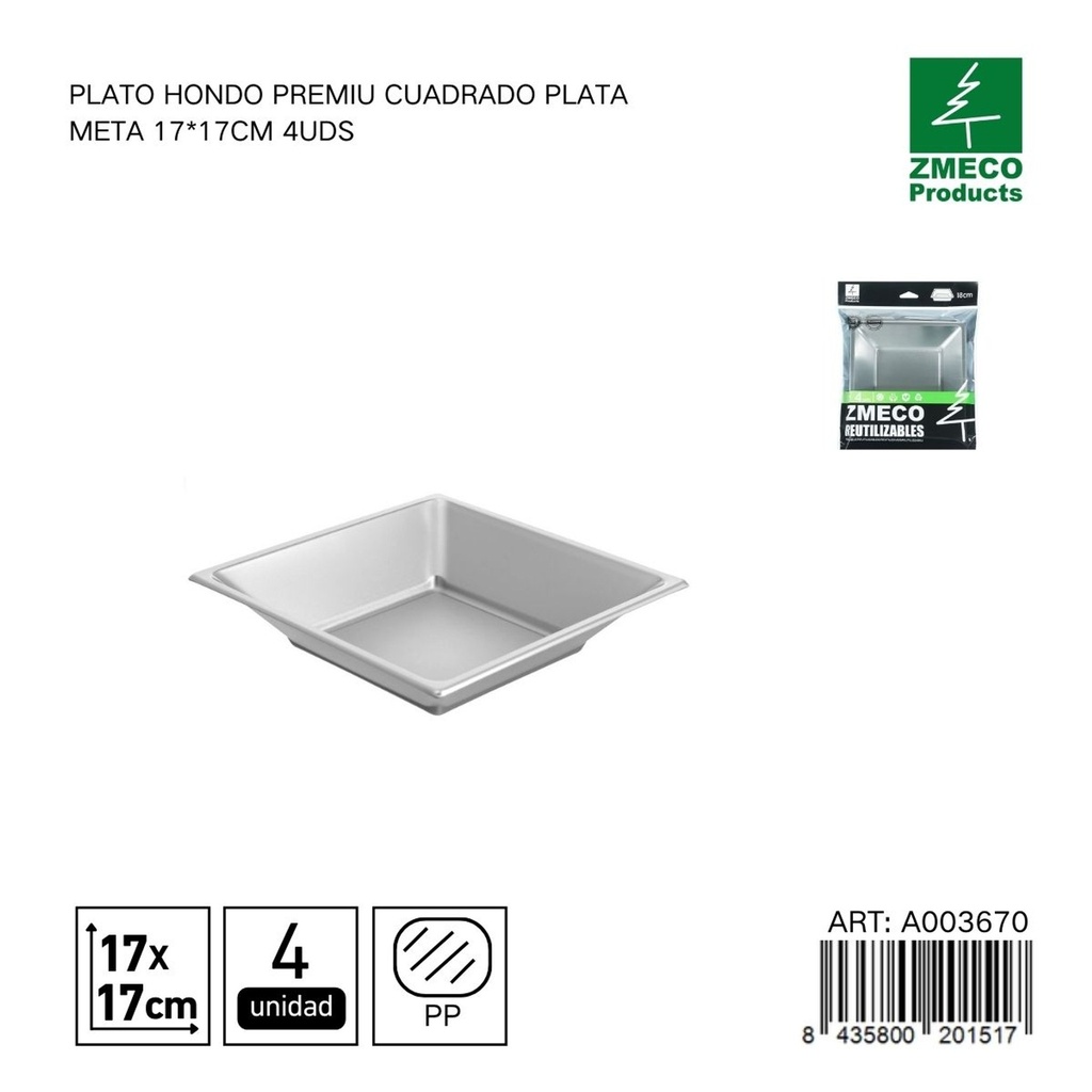 Plato hondo premium cuadrado plata metal 17x17 cm - Paquete de 4 unidades