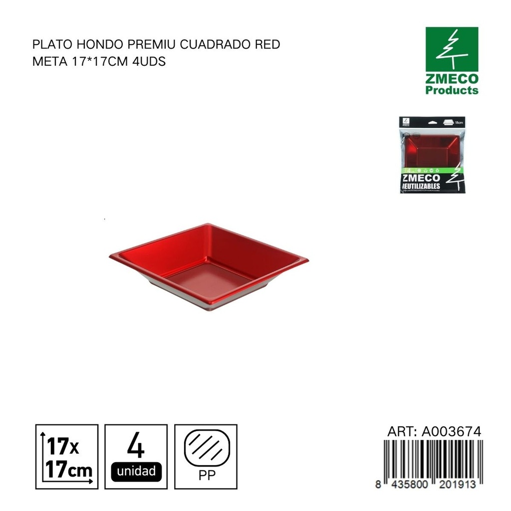 Plato hondo premium cuadrado rojo metal 17x17 cm - Paquete de 4 unidades