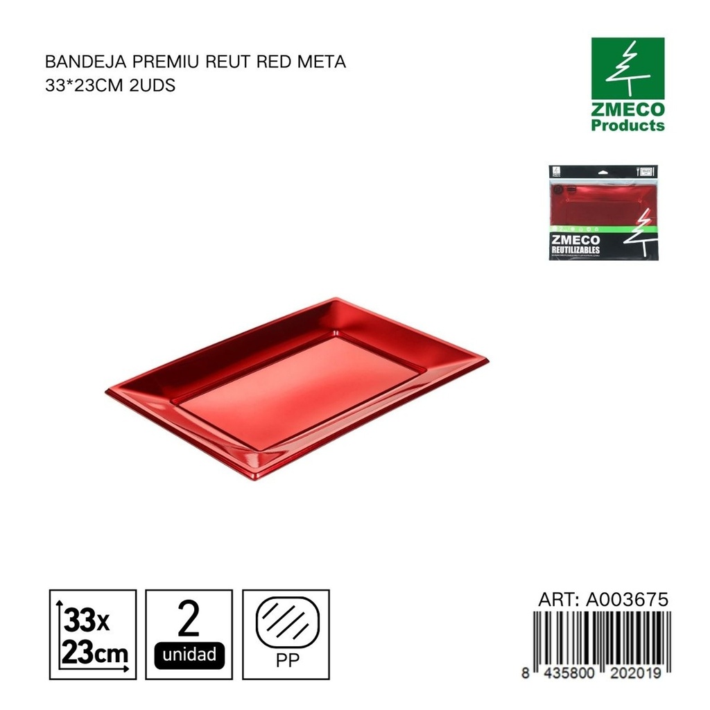 Bandeja premium reutilizable rojo metal 33x23 cm - Paquete de 2 unidades