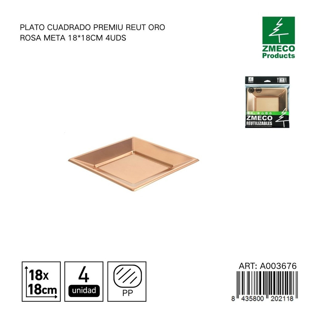 Plato cuadrado premium reutilizable oro rosa metal 18x18 cm - Paquete de 4 unidades