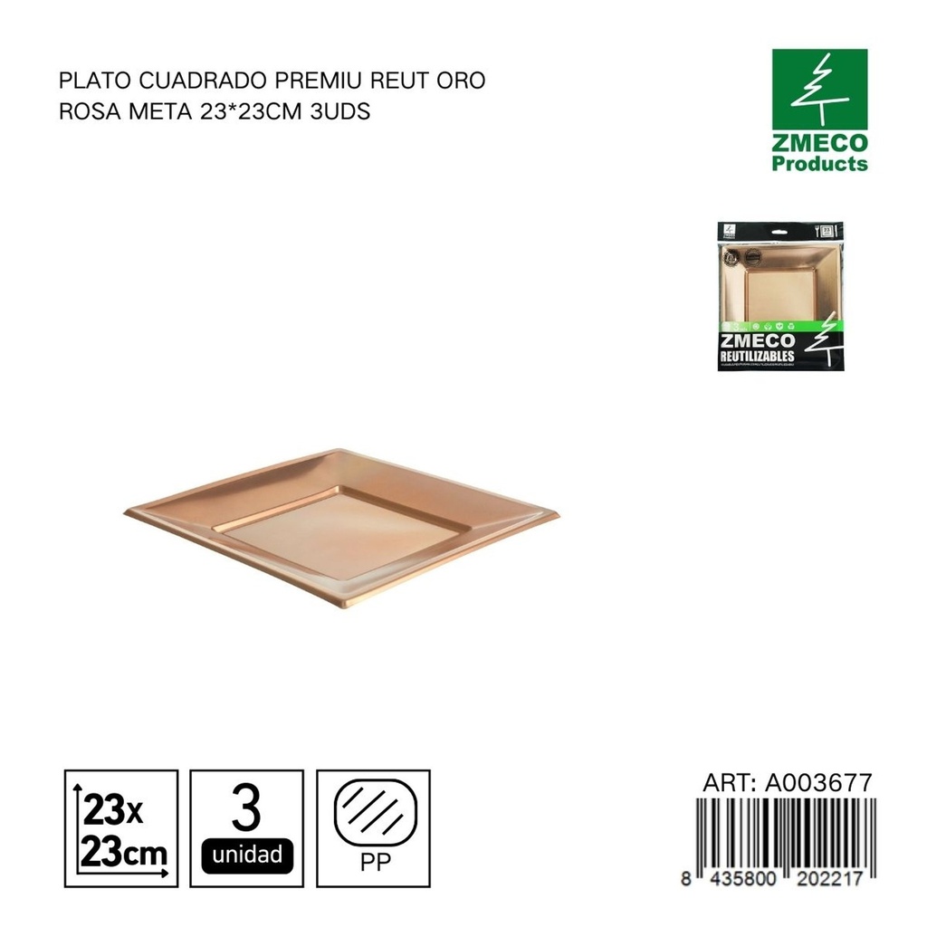 Plato cuadrado premium reutilizable oro rosa metal 23x23 cm - Paquete de 3 unidades