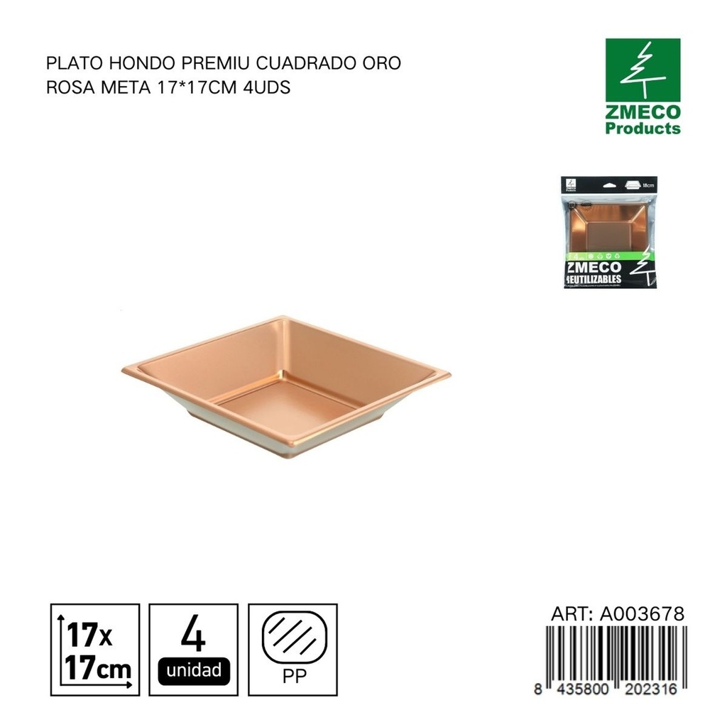 Plato hondo premium cuadrado oro rosa metal 17x17 cm - Paquete de 4 unidades