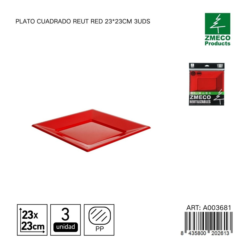 Plato cuadrado reutilizable rojo 23x23 cm - Paquete de 3 unidades