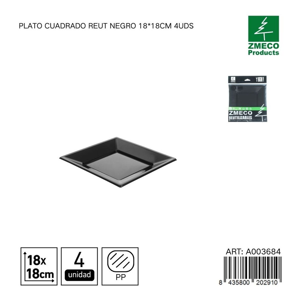 Plato cuadrado reutilizable negro 18x18 cm - Paquete de 4 unidades