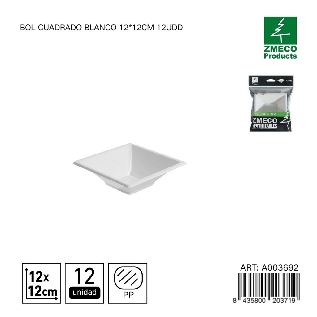 Bol cuadrado blanco 12x12 cm - Paquete de 12 unidades