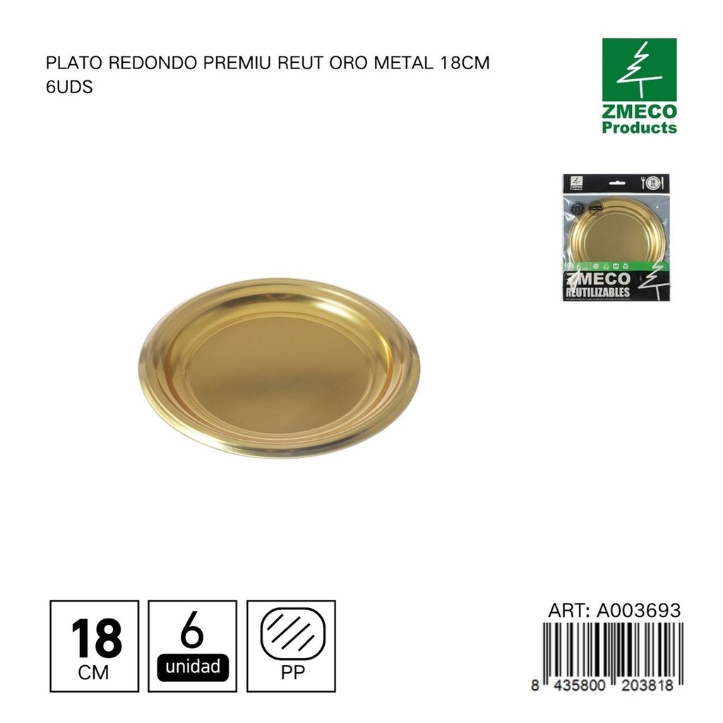 Plato redondo premium reutilizable oro metal 18 cm - Paquete de 6 unidades