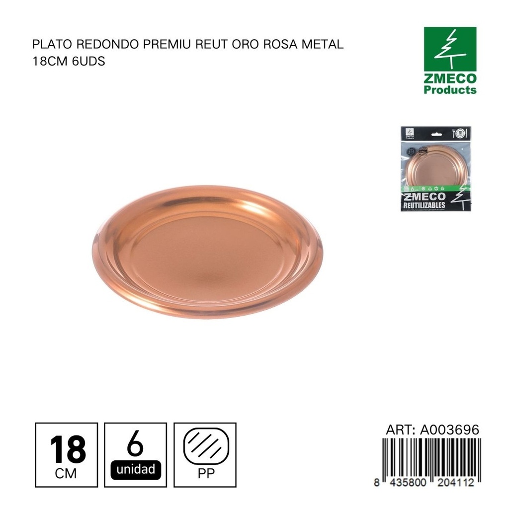 Plato redondo premium reutilizable oro rosa metal 18 cm - Paquete de 6 unidades