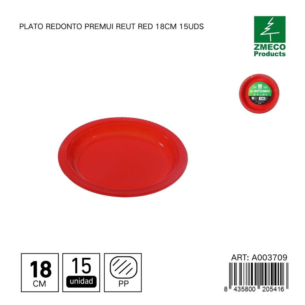 Plato redondo de plástico Premium reutilizable rojo 18cm 15uds - Utensilios desechables para cocina