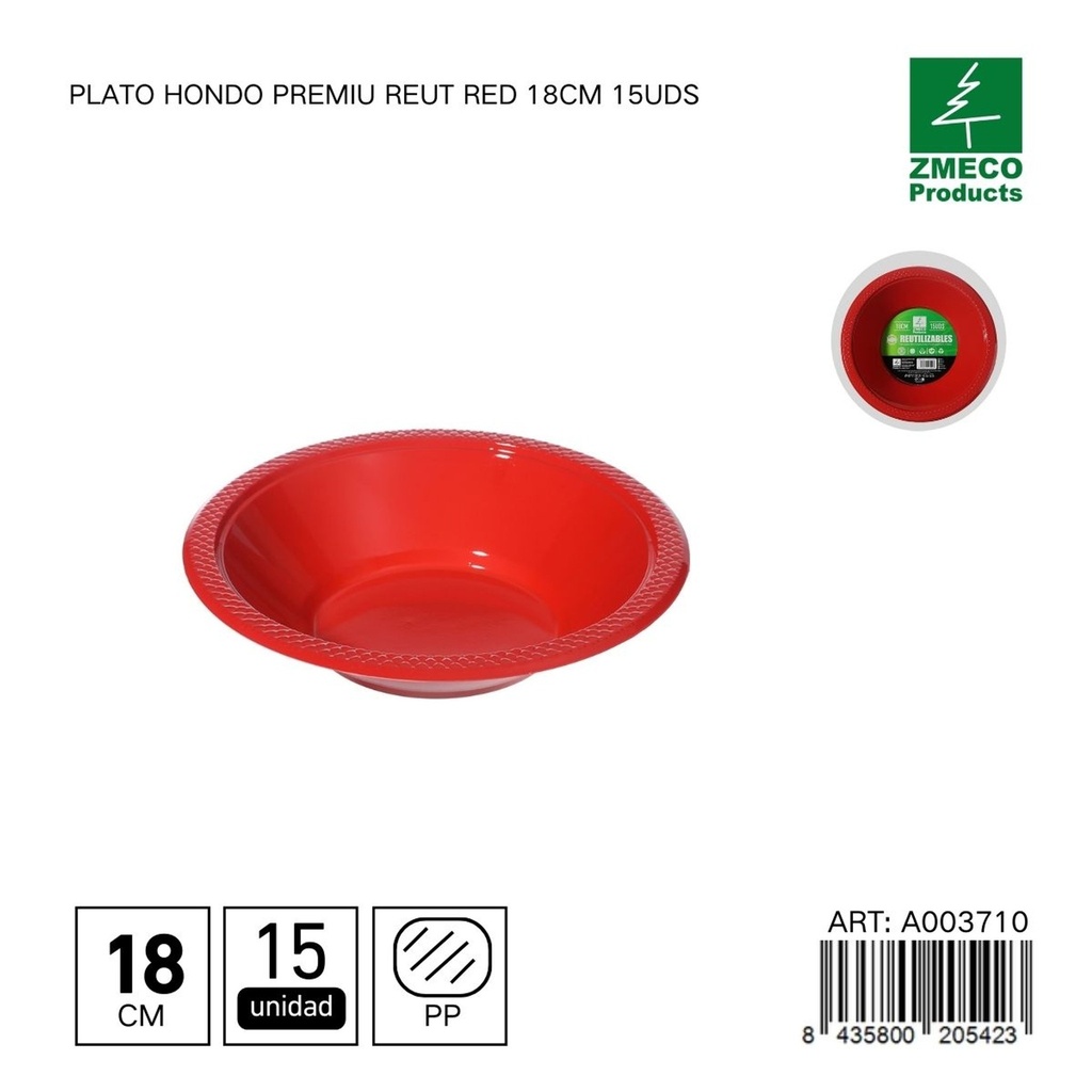 Plato hondo de plástico Premium reutilizable rojo 18cm 15uds - Utensilios desechables para cocina