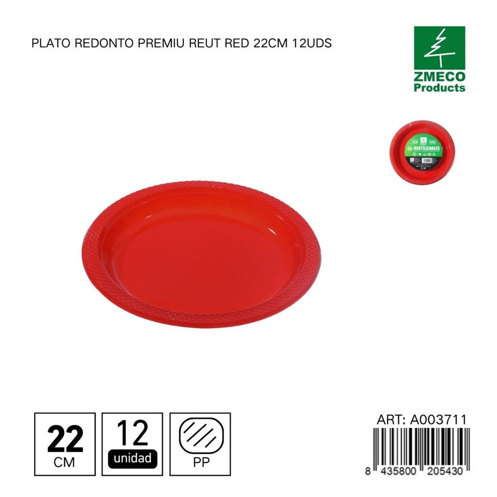 Plato redondo de plástico Premium reutilizable rojo 22cm 12uds - Utensilios desechables para cocina