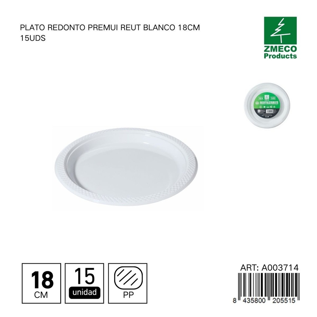 Plato redondo de plástico Premium reutilizable blanco 18cm 15uds - Utensilios desechables para cocina
