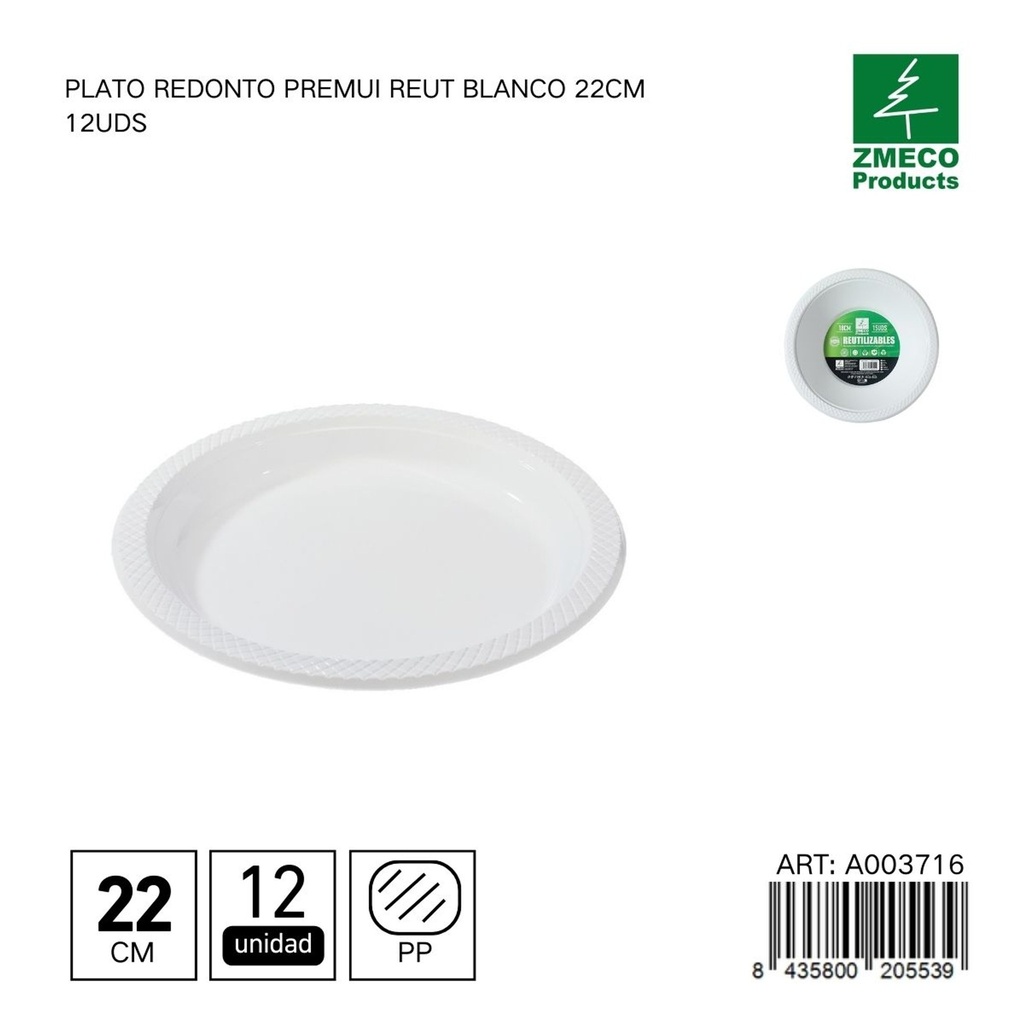 Plato redondo de plástico Premium reutilizable blanco 22cm 12uds - Utensilios desechables para cocina