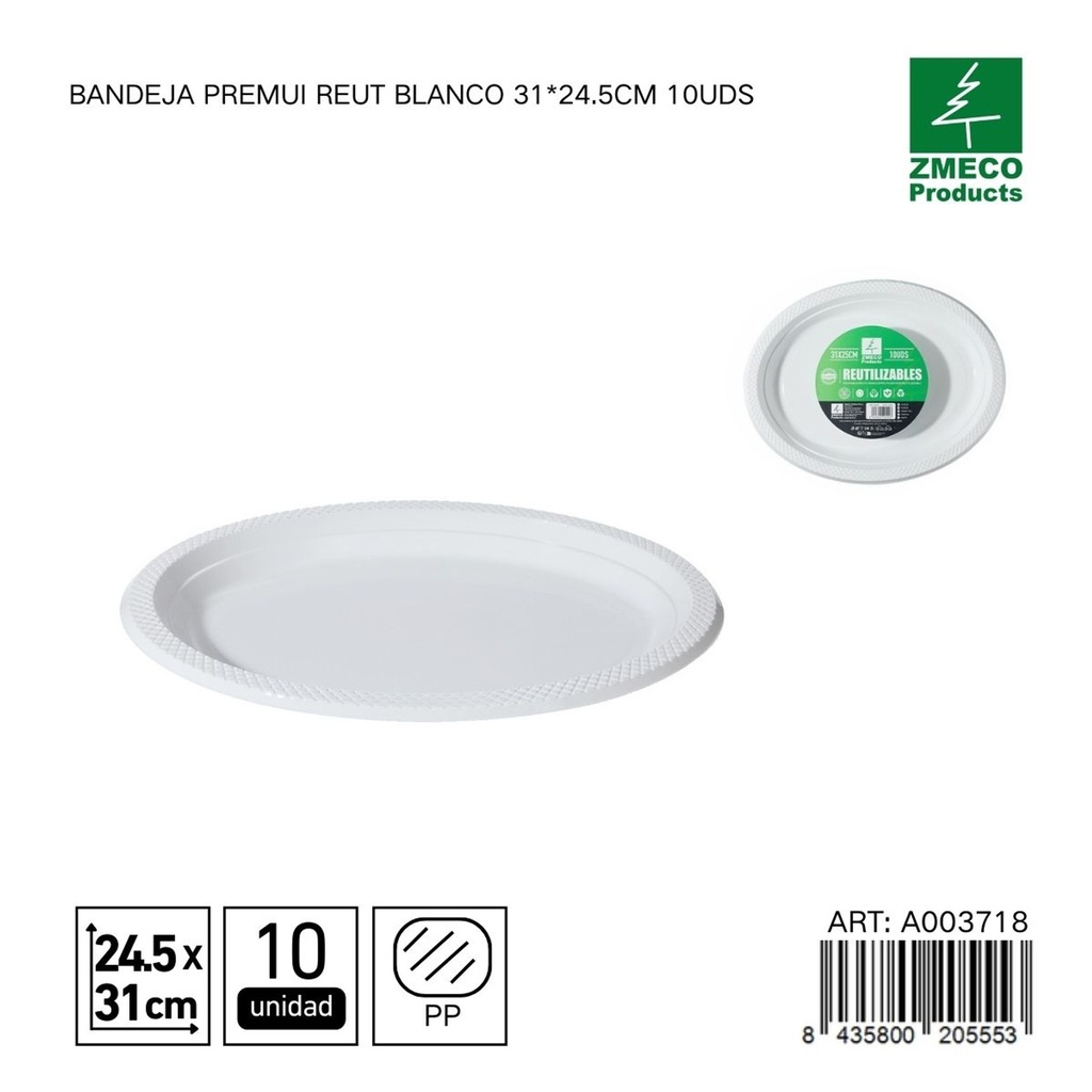 Bandeja de plástico Premium reutilizable blanca 31*24.5cm 10uds - Utensilios desechables para cocina