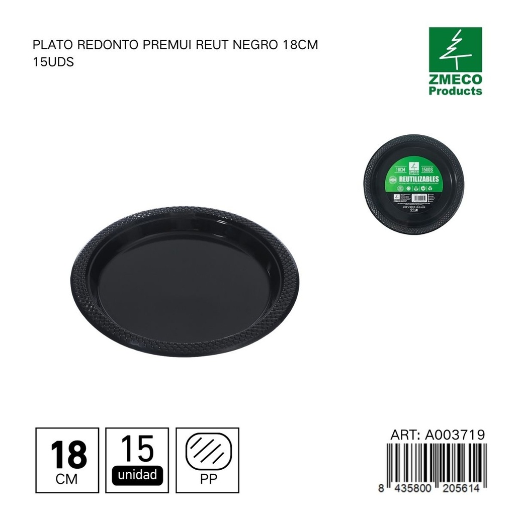 Plato redondo de plástico Premium reutilizable negro 18cm 15uds - Utensilios desechables para cocina