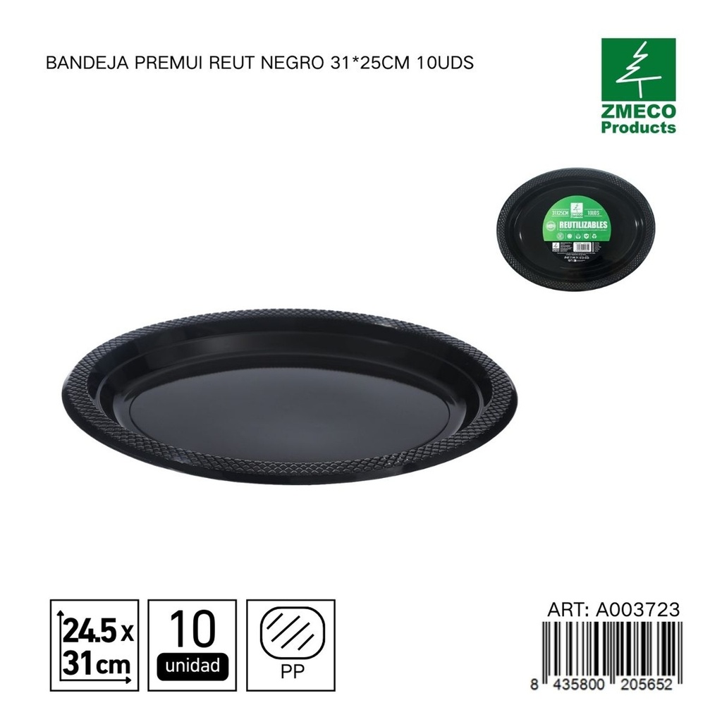Bandeja de plástico Premium reutilizable negra 31*25cm 10uds - Utensilios desechables para cocina