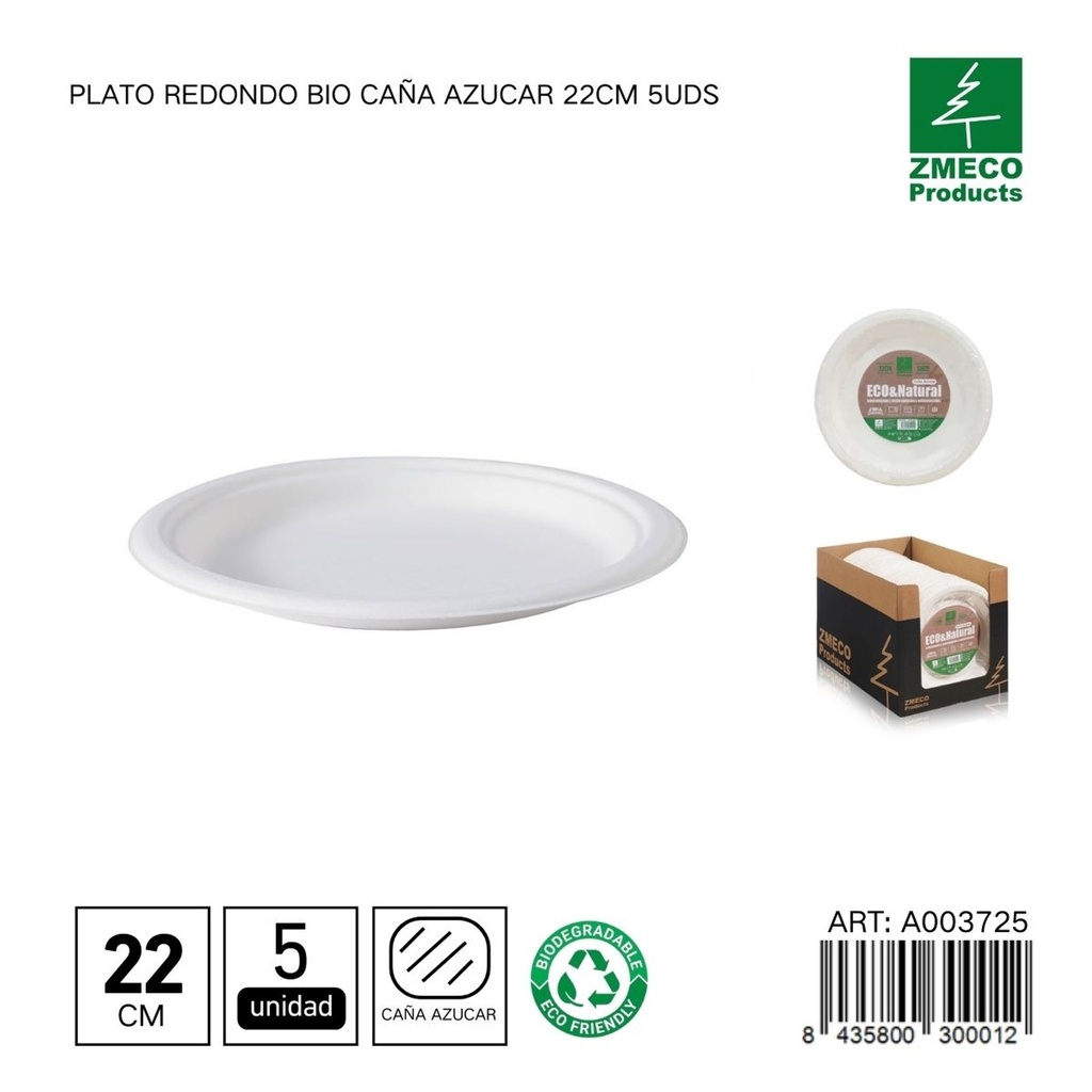Plato redondo biodegradable de caña de azúcar 22cm 5uds - Utensilios desechables y ecológicos