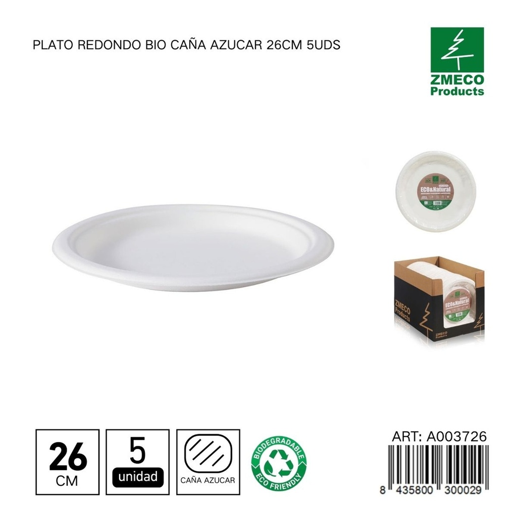 Plato redondo biodegradable de caña de azúcar 26cm 5uds - Utensilios desechables y ecológicos