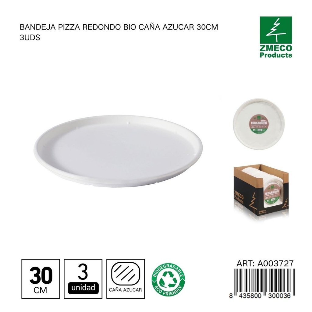 Bandeja de pizza redonda biodegradable de caña de azúcar 30cm 3uds - Utensilios desechables y ecológicos