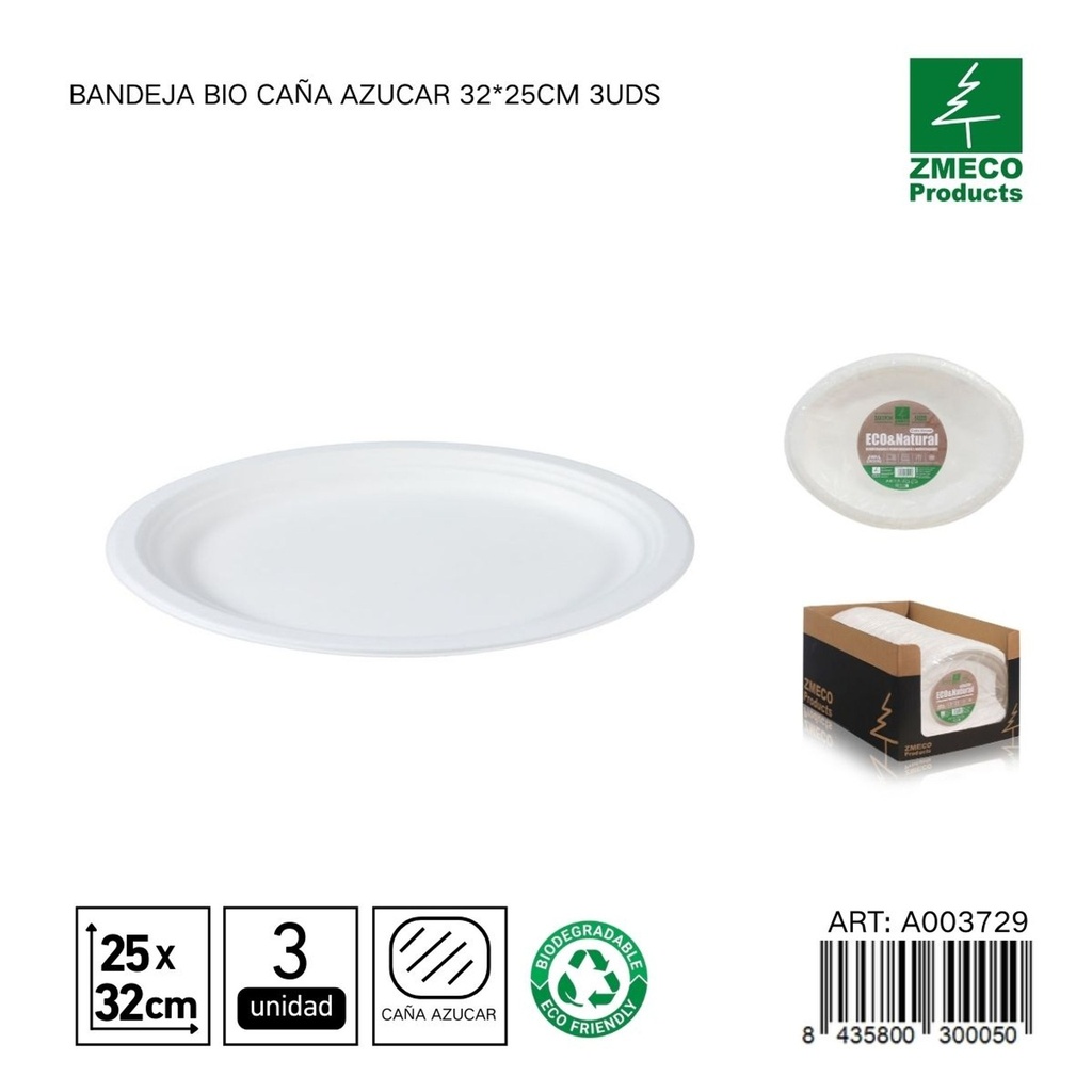 Bandeja biodegradable de caña de azúcar 32*25cm 3uds - Utensilios desechables y ecológicos