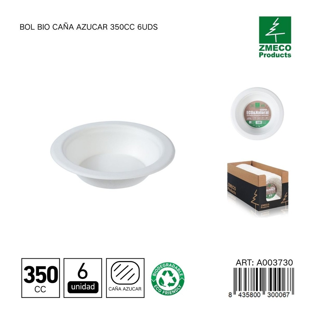 Bol biodegradable de caña de azúcar 350cc 6uds - Utensilios desechables y ecológicos