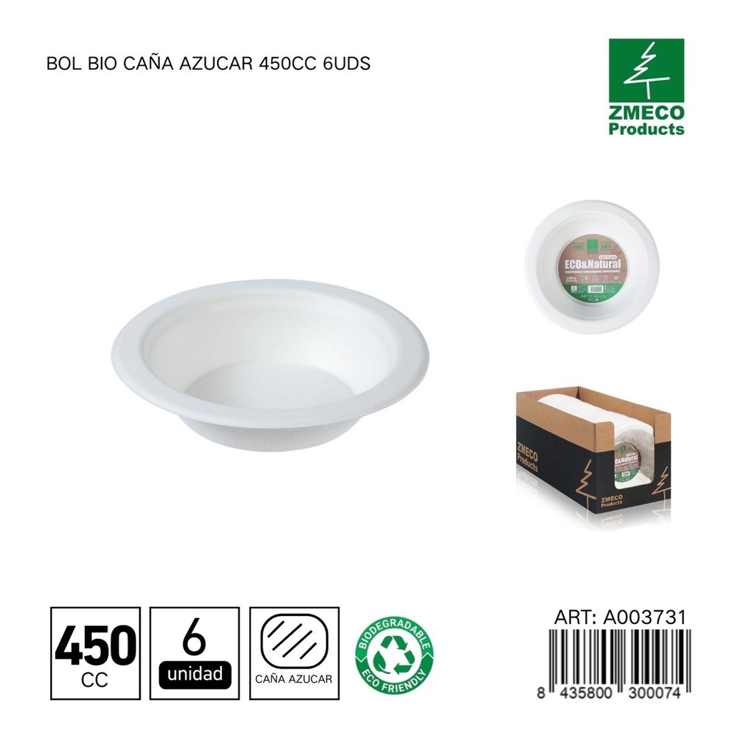 Bol biodegradable de caña de azúcar 450cc 6uds - Utensilios desechables y ecológicos